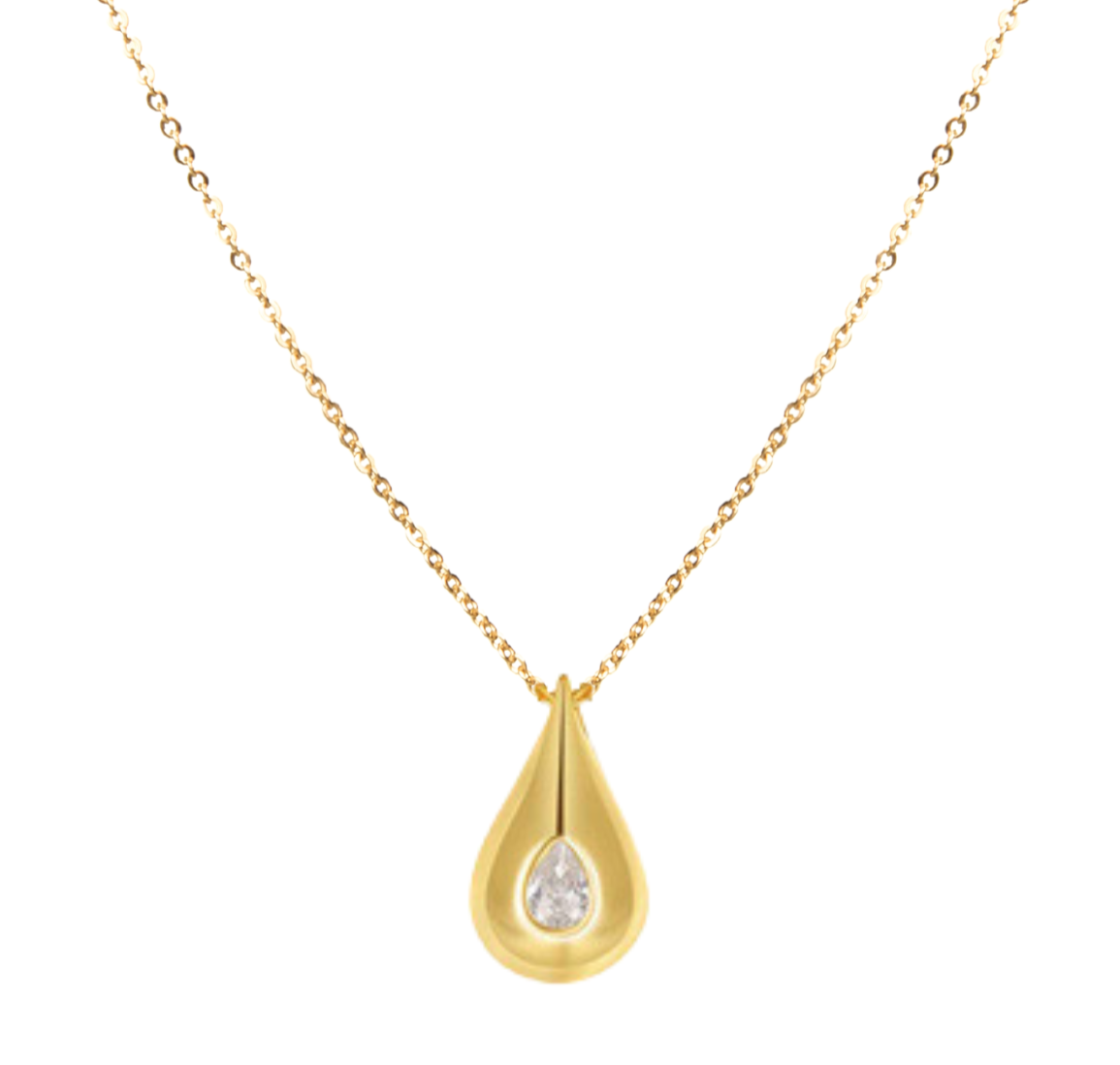 Gold necklace with a teardrop-shaped pendant on a white background