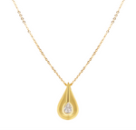 Gold necklace with a teardrop-shaped pendant on a white background
