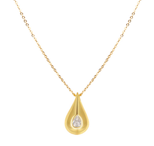 Gold necklace with a teardrop-shaped pendant on a white background